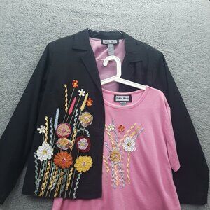 Indigo Moon Black Embroidered Jacket  Pink Floral Top Set womens L